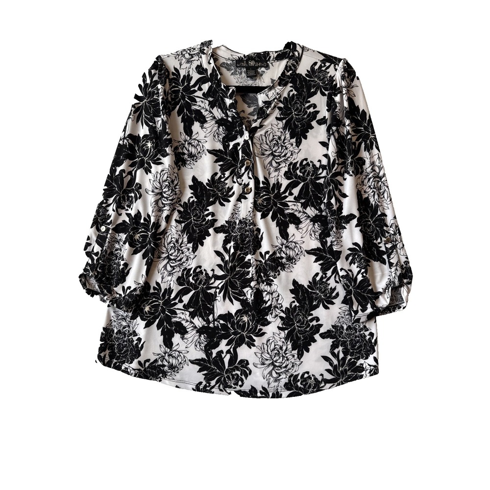 80 Park Black White Floral Blouse L 3/4 Roll Tab Sleeve Boho Whimsigoth Career
